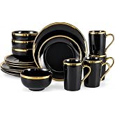 Loymokinar Black and Gold Dinnerware Set for 4, 16-Piece Porcelain | 16-piece black and gold porcelain service for 4 with 4 dinner plates, 4 salad plates, 4 bowls and 4 mugs; gold rim.