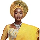 NJYFG Fashion African Autogele Headtie Nigeria Women Head Wraps Already Made Wedding Geles (gold)