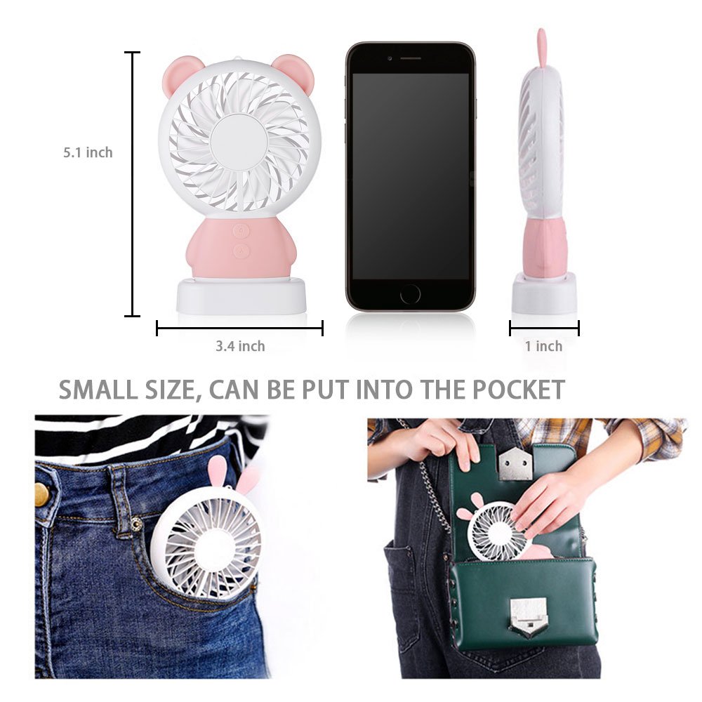Rye-Tech Mini Handheld Fan, Personal Portable Rechargeable Fan with Color LED light 2 Adjustable Speeds Standing Base for House Travel Camping and Children Gifts - Pink Bear
