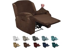 MAXIJIN Velvet 4 Piece Recliner Cover Stretch Plush Soft Recliner Chair Covers Thick Soft Reclining Chair Slipcovers Furniture Protector with Side Pocket for Kids, Pets (Recliner,Dark Coffee)