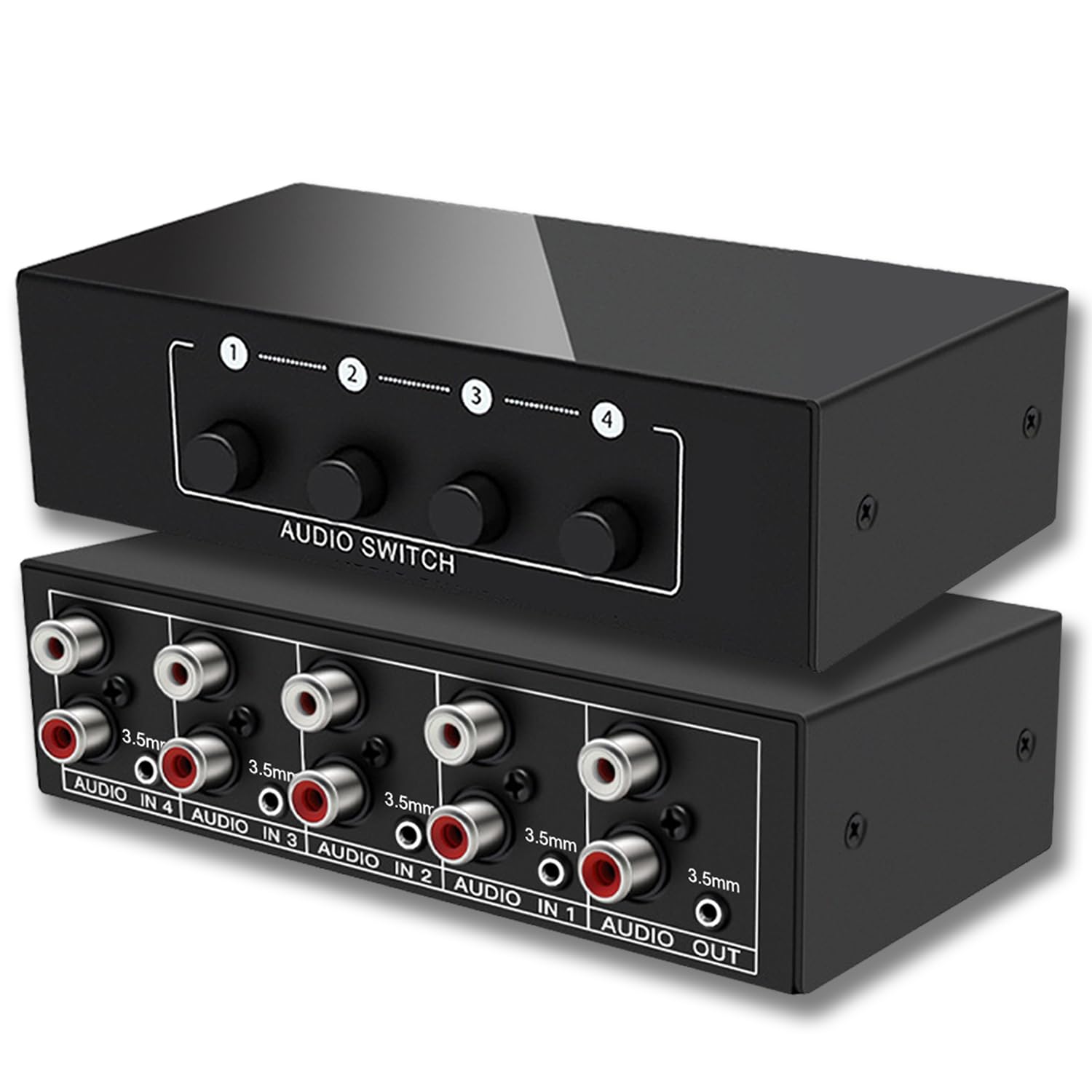 Photo 1 of FlyroadUp 3.5mm Aux + RCA L/R Bi-Directional Stereo Audio Switch 4 in 1 Out A/B Analog Audio Switcher Selector