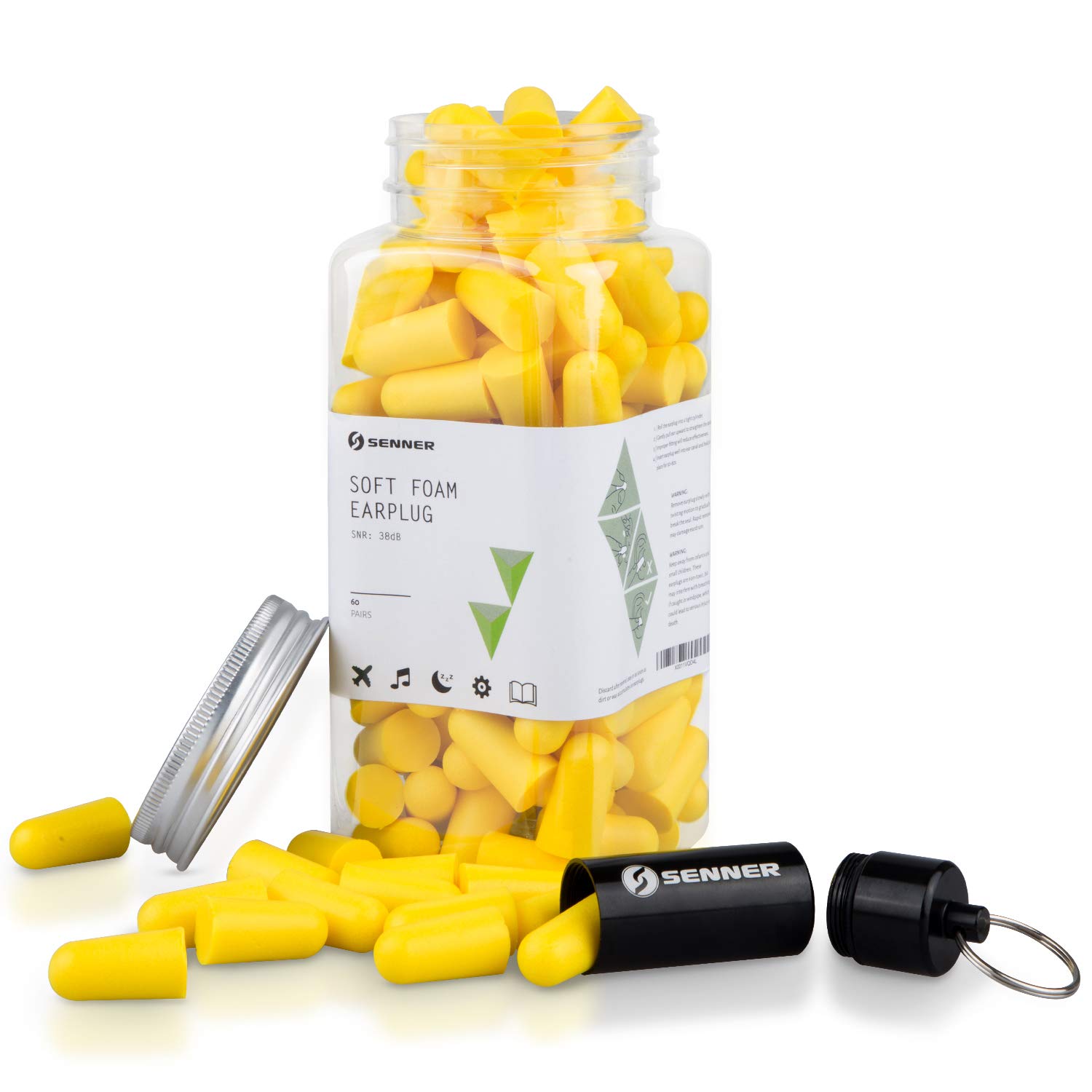 Senner FoamPro Hearing Protection Earplugs for Sleeping and Snoring. Extra Comfortable Noise Cancelling Ear Plugs for Sleep, Extra Strong Damping (38 dB), Alarm Remains Audible, 60 Pairs