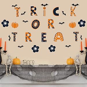 Halloween Trick or Treat Funny Quotes Decals, Bats Pumpkin Flowers Vinyl Wall Art for Window Door Mirror Home Decor