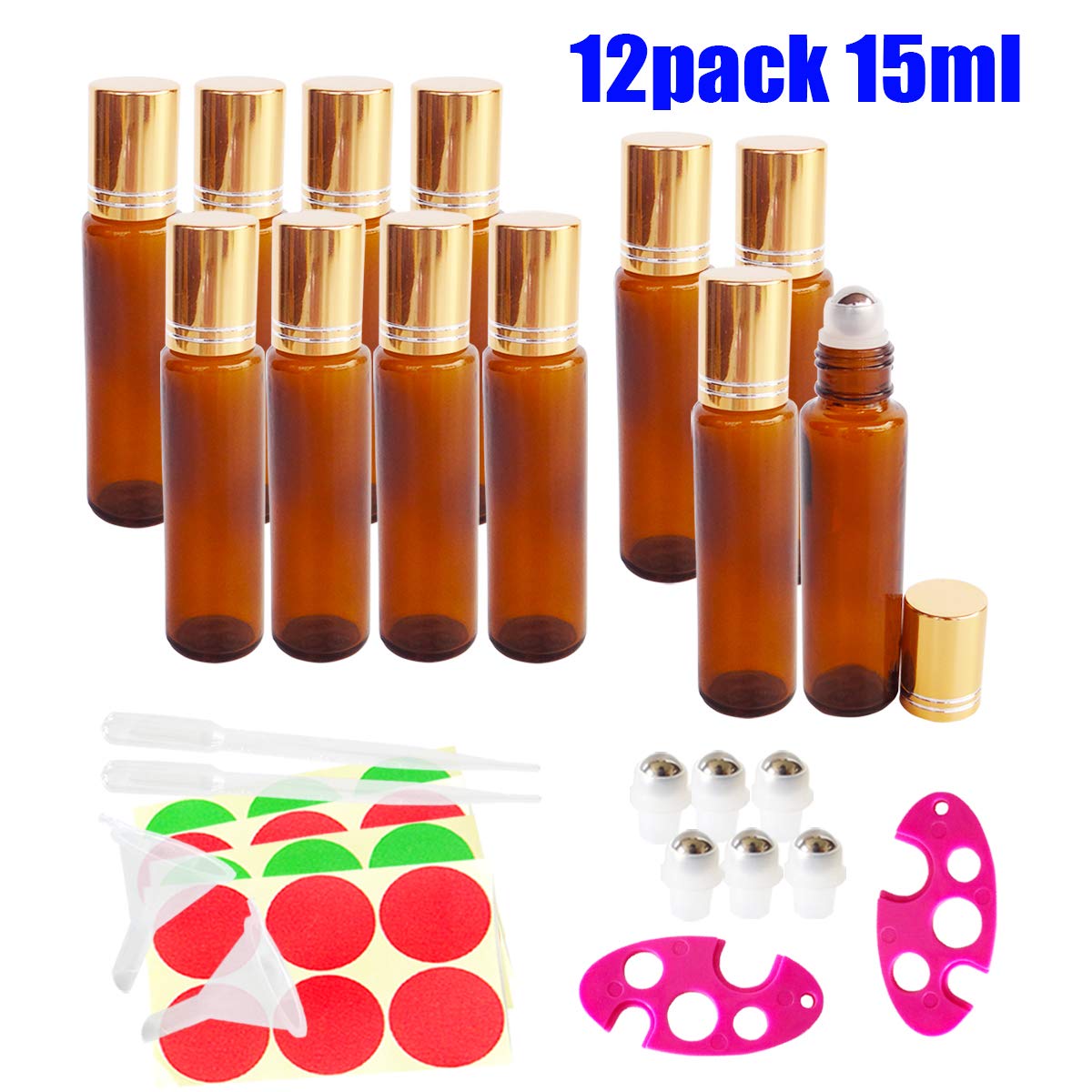 12x 15ml Empty Amber Glass Roll-on Bottles, Sample Refillable Cosmetic Container for Essential Oil Perfume, Extra 3ml Dropper, Mini Funnel, Bottle Opener, 6 Roller Balls, 24 Pieces Labels