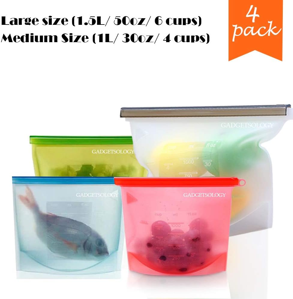 Gadgetsology Reusable Silicone Food Bags Eco-Friendly Meal Container, Airtight, Leakproof, Ziplock Seal for Hot or Cold Food Storage Washable