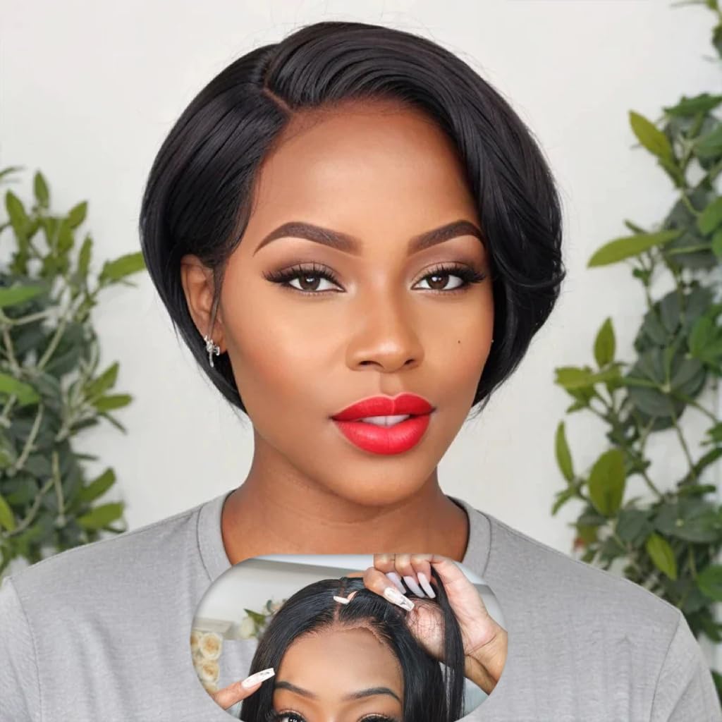 Photo 1 of WBTH Short Pixie Cut Wig Human Hair 5X5 HD Lace Straight Wear and Go Glueless Wigs Human Hair Pre Plucked Pre Cut Short Pixie Wigs for Black Women (Natural Color)