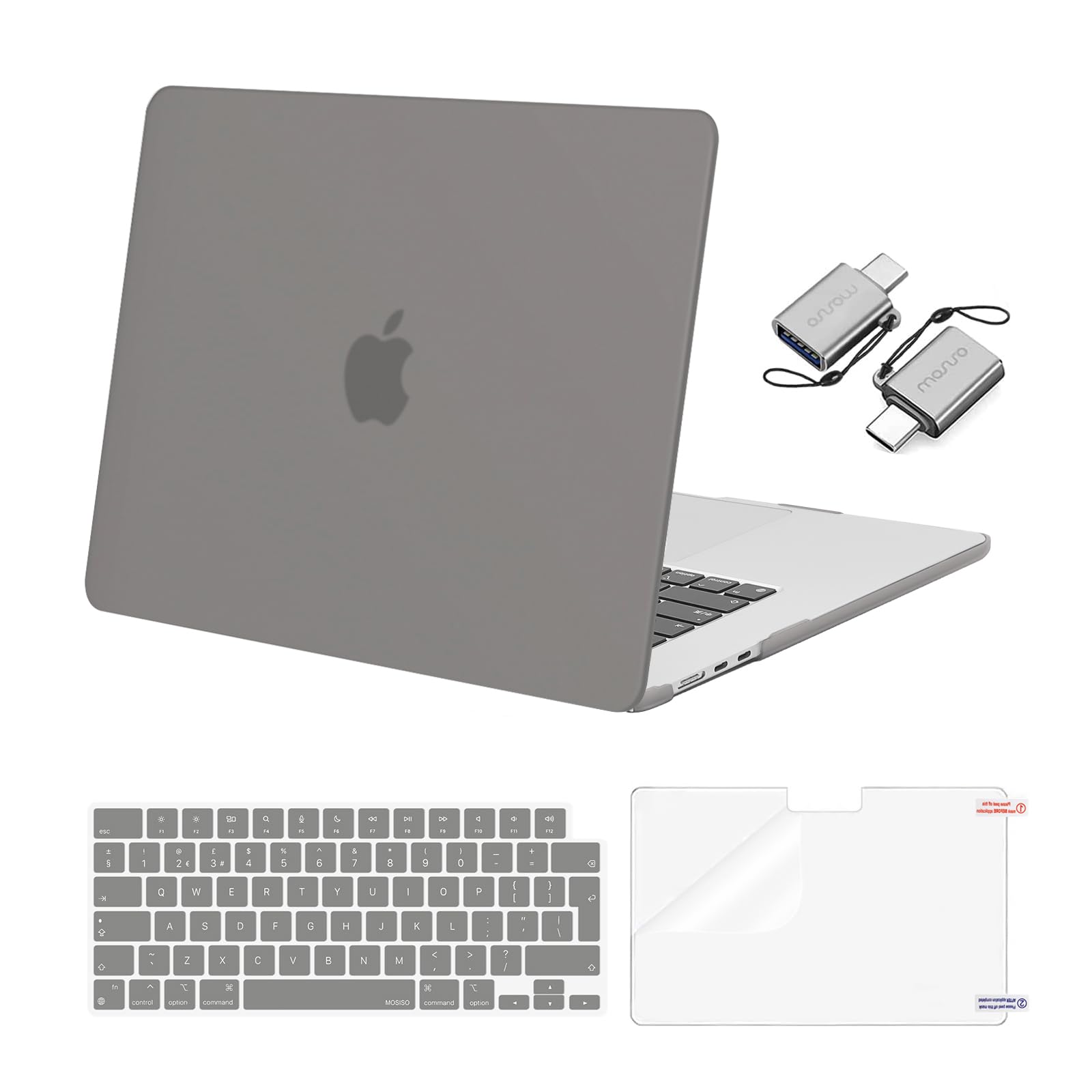 MOSISO Compatible with MacBook Air 15 inch Case 2026-2023 M5 M4 M3 M2 A3448 A3241 A3114 A2941, Scratch Resistant Protective Hard Cover Case &Keyboard Skin&Screen Film&Type C, Gray