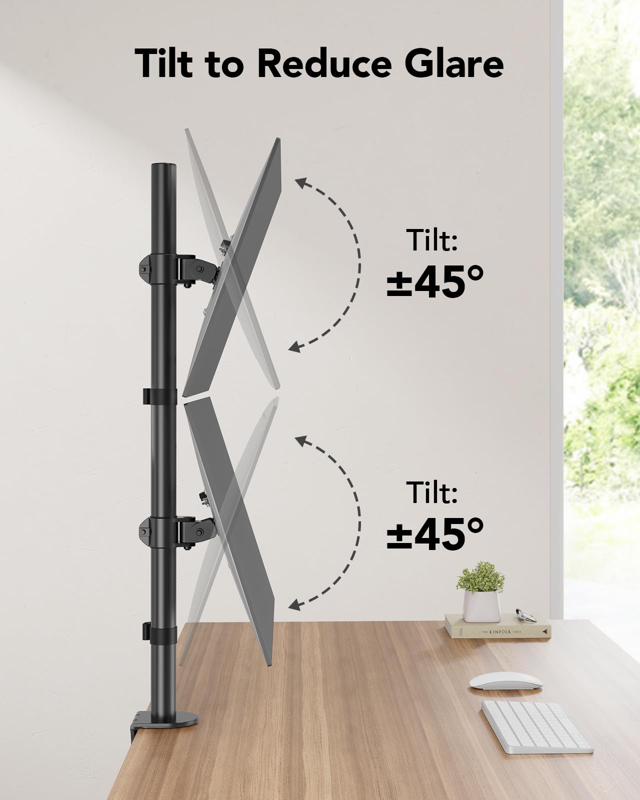 HUANUO Vertical Dual Monitor Mount, Stacked Monitor Stand for 2 Monitors with Height Adjustment Computer Monitor Arm Supports Two 17 to 32 Inch with C Clamp Each Desk Mount Hold up to 17.6lbs