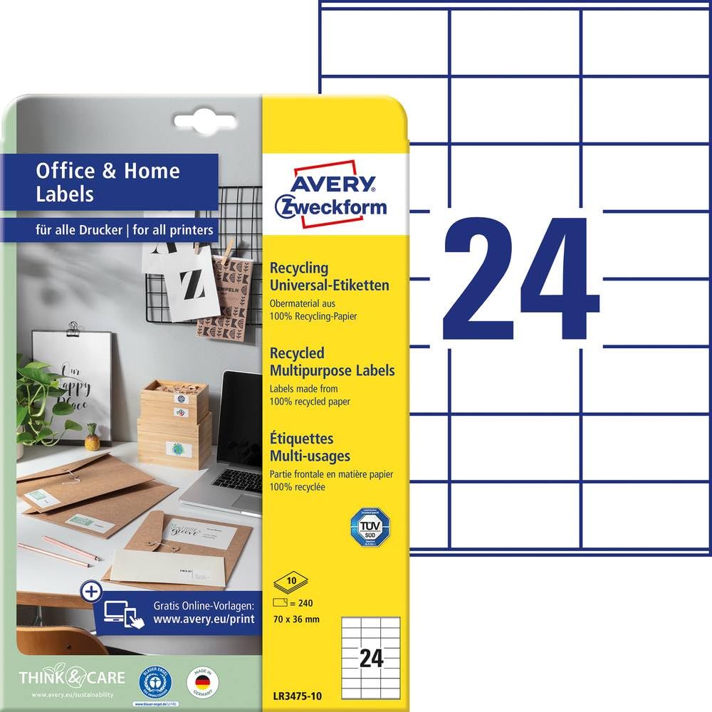 AVERY Zweckform LR3475-10 Recycled Labels (240 Address Labels, 70 x 36 mm, A4, 10 Sheets, White, Matt, Permanent, 100% Recycled Paper, Printable, Self-Adhesive)