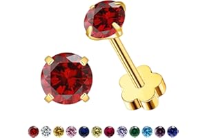 VDKIDKT Flower Screw Back Birthstone Stud Earrings for Women Girls, 3mm G23 Tiny CZ Flat Back Stud Earrings, Screw Back Helix