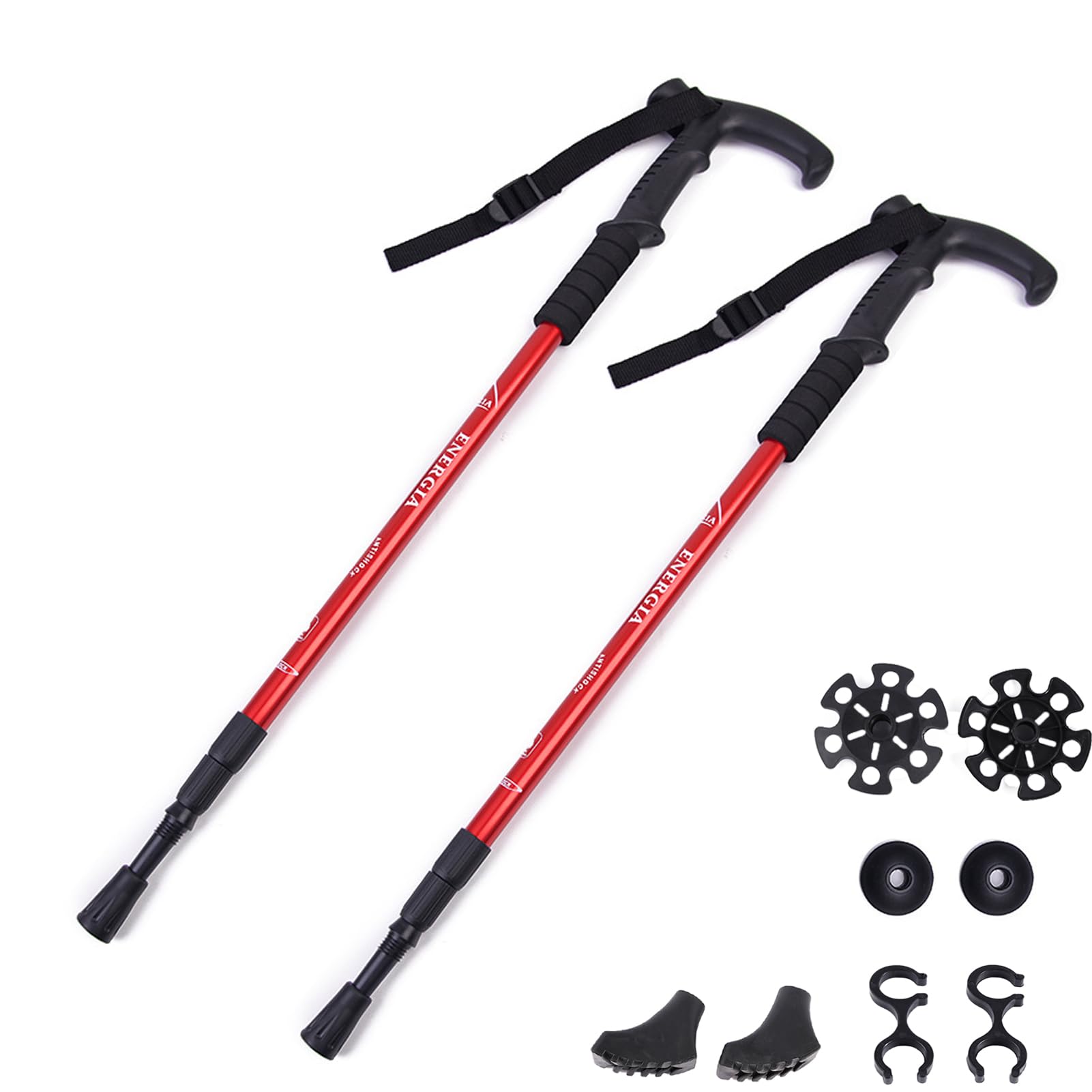 ThreeH 2 Pack T Handle Hiking Poles 2 Pack Walking Sticks Trekking Poles Ultralight Aluminum Alloy Anti Shock Walking Canes for Camping Travel Hiking Senior Red