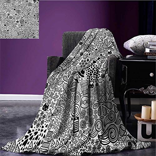 Doodle couch blanket Hipster Inspired Abstract Drawing Cupcake Tea Umbrella Leaves and Many Other Shapes Custom Black White size:51"x31.5"
