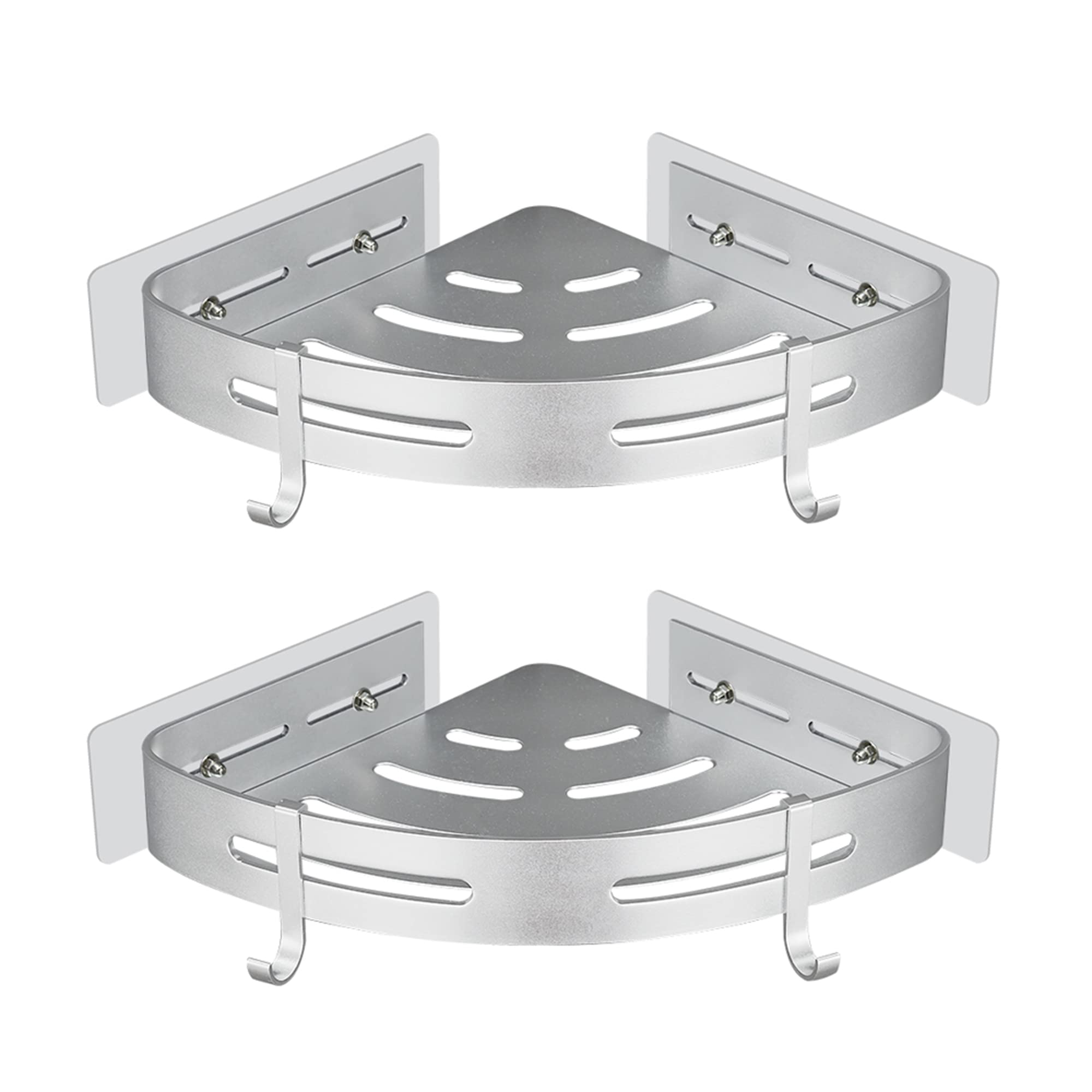 GERUIKE Shower Corner Shelf No Drilling Adhesive Bathroom Shelves Shower Caddy Basket Wall Mounted Shower Storage for Kitchen & Bathroom Organiser Glossy Silver 2 Pack, Aluminium