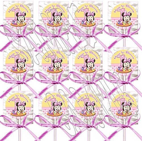 Baby Minnie Mouse 1st Birthday Lollipops Party Favors Supplies Decorations w/ Pink Bows Favors -12 pcs