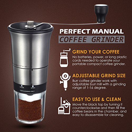 QcoQce Manual Coffee Grinder - Adjustable Hand Grinder - Ceramic Conical Burr Mill - Mini Portable Home Kitchen Travel Coffee Bean Grinder / Coffee Mill - Perfect Gift for Every Coffee Lover