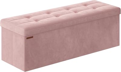SONGMICS Storage Ottoman Foldable 110 cm Velvet Pink Foot Rest Cube 300 kg