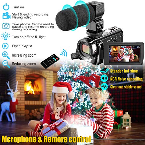 Video Camera Camcorder KENUO Full HD 1080P 30FPS 24MP Vlogging Digital Camera With Lens Hood 3.0 Inch Screen 16X Digital Zoom Camcorder Recorder YouTube Webcam For Live Streaming Camera with Microphon