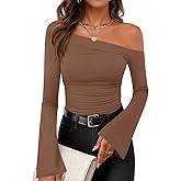 ZESICA Women's Off Shoulder Tops Bell Long Sleeve Shirts 2026 Spring Trendy Going Out Ruched Tight Fitted Y2K Clothes