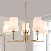 AMZASA Farmhouse Chandelier, 5-Lights Visual Comfort Gold Light, Muted Gold with White Fabric Shade, Linear Island Lighting F
