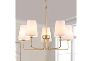 AMZASA Farmhouse Chandelier, 5-Lights Visual Comfort Gold Light, Muted Gold with White Fabric Shade, Linear Island Lighting Fixture for Kitchen, Dining Room