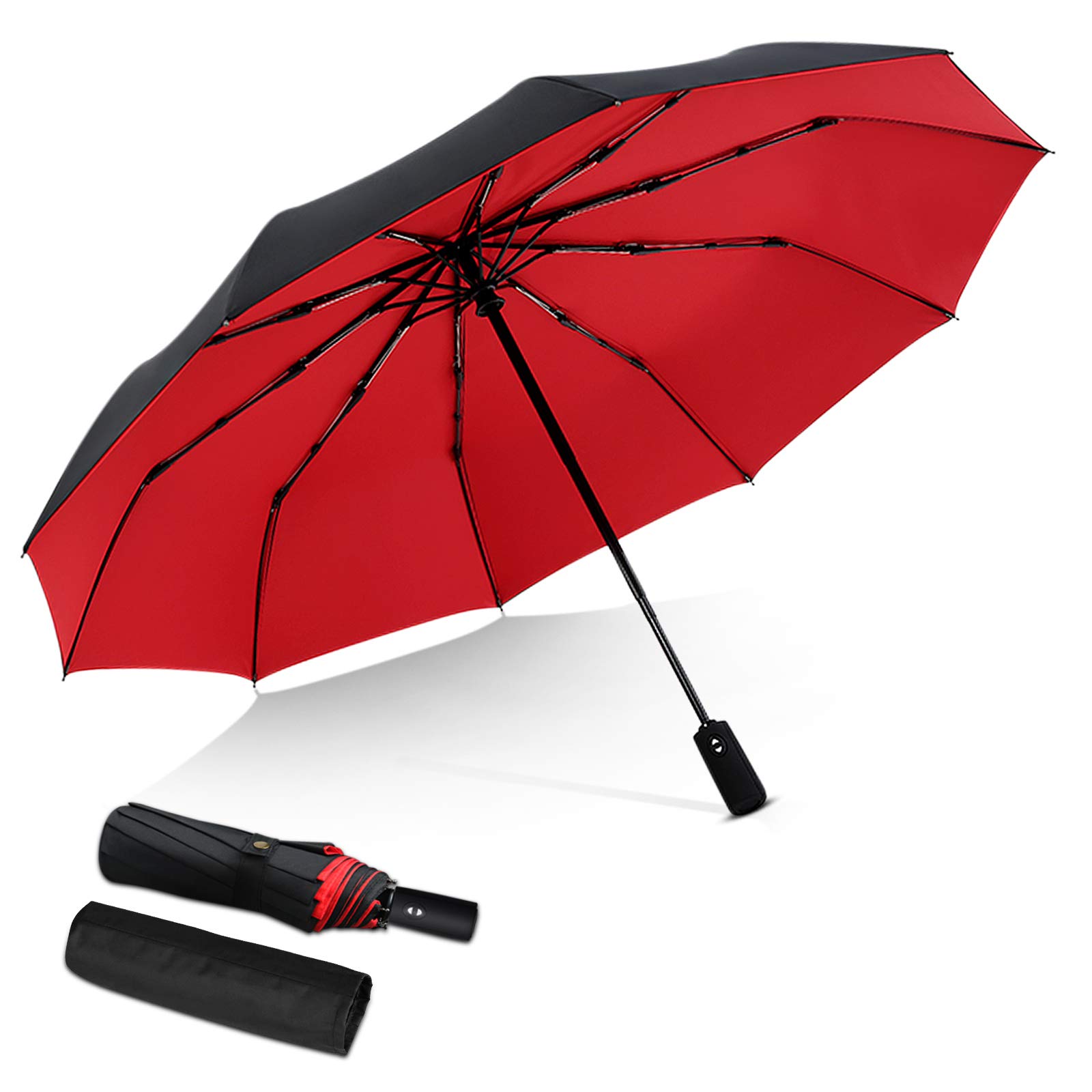 DORRISO Men Women Automatic Open/Close Folding Umbrella Extra Strong Windproof Portable Travel Compact Umbrella Business Sun Umbrella Rain Umbrella Red A