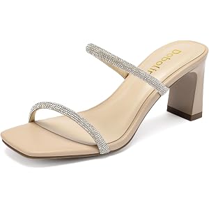 DOBOLIN Womens Rhinestone Block Heel Sandals Square Toe Two Strap Mules | Cushioned Comfort Insole, Slip-On, Lightweight, Sta