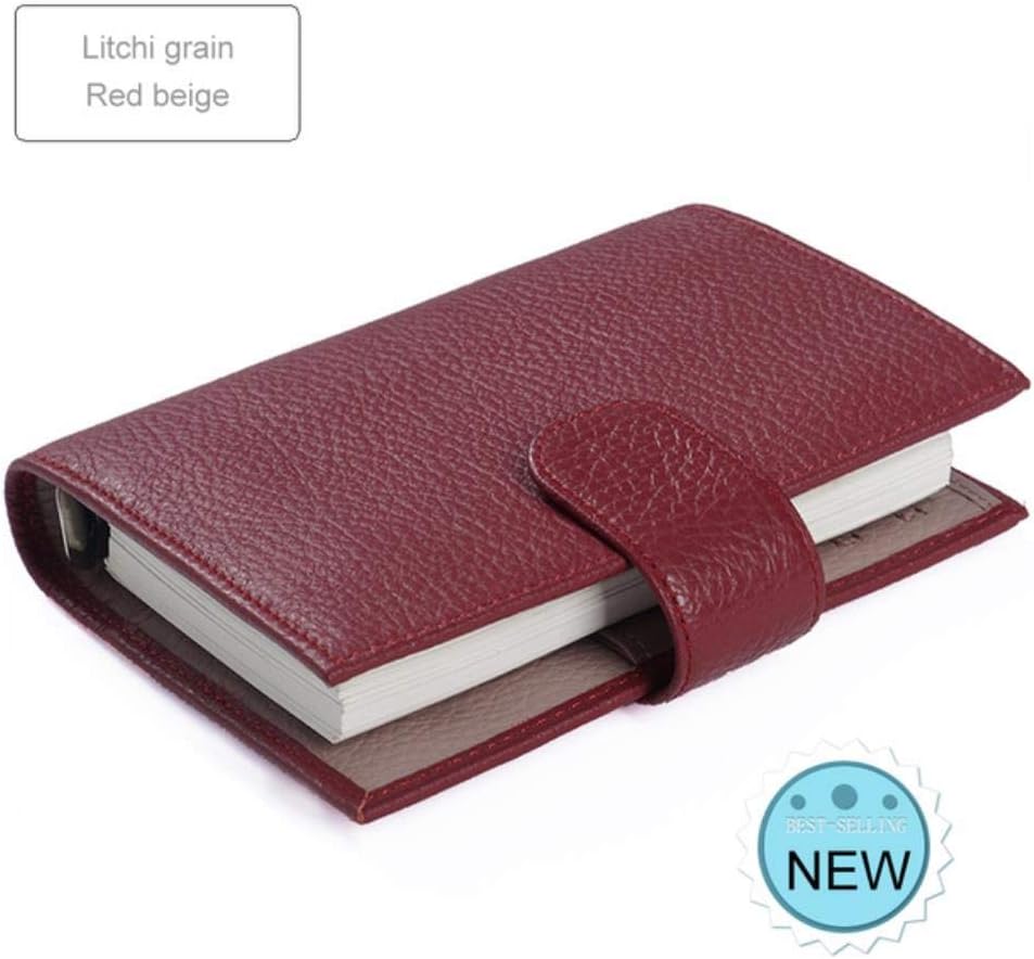 Qingb Genuine Leather Rings Notebook Brass Binder Mini Agenda Organizer Cowhide Diary Journal Sketchbook Planner Big Pocket,Litchi Red Apricot,A7 Cover 142x115mm