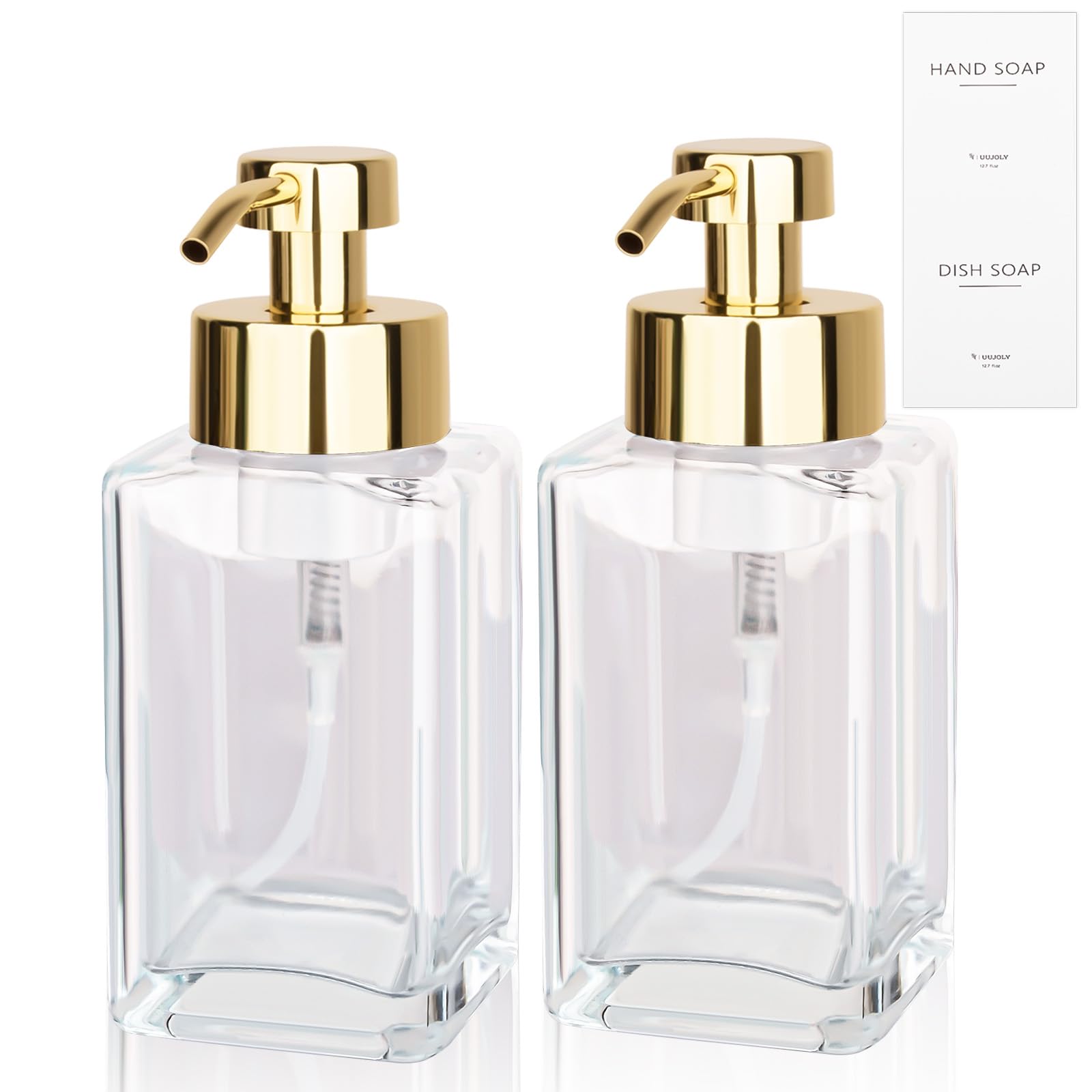 Photo 1 of **MISSING 1** Foaming Soap Dispenser with Stainless Steel Pump, 12oz Refillable Glass Liquid Dish Soap Bottles for Bathroom, Kitchen Sink, Home Decor, 2 Pack