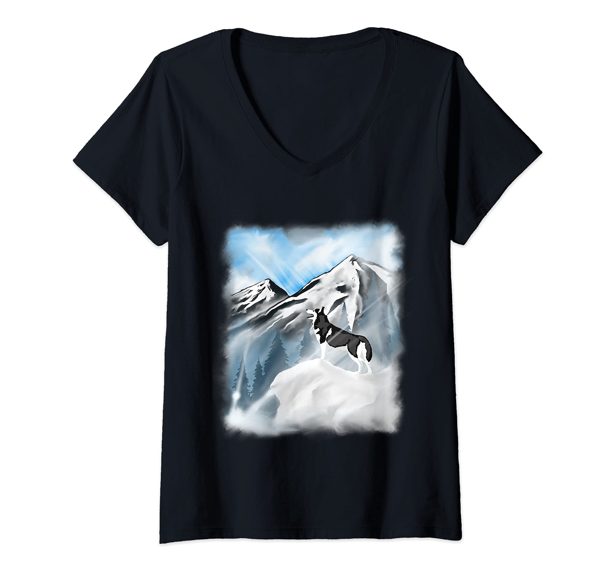 Womens Mountains Siberian Husky Dog V-Neck T-Shirt