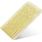 Minimalist Bifold Wallet RFID Blocking Slim Cute Credit Card Holder Compact Leather Wallet Ladies Purse for Handbag, Gold Glitter