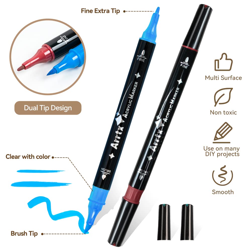 Arrtx Acrylstifte für Steine Bemalen, 32 Farben Marker Dual-Tip-Pinsel und feine Spitze, Permanent Acrylmarker für malerei, Keramik, Glas, Holz, Metall, Leinwand, DIY Fotoalbum 3
