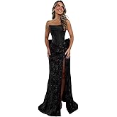 Eightale Strapless Lace Prom Dress for Women Back Bow Satin Corset Long Formal Evening Party Gown with Slit