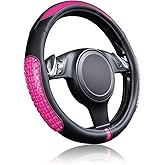 Flying Banner car Steering Wheel Cover Gel Massage Velvet Cool Warm Universal Size 15 inches SUV Truck Anti Slip Odorless Summer Winter (Black Pink, Gel Massage)