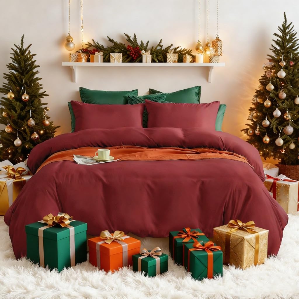 AYSW Bedding Set and Fitted Sheet King Size 110GSM 4 Pieces Brushed Microfiber Duvet Cover with Pillowcases Luxury with 16'' Deep Pocket Bed Sheet Soft Fade Resistant Burgundy