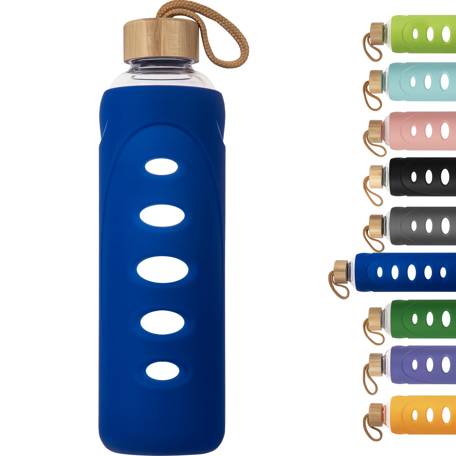 Ferexer 1 litre / 1l / 1000 ml Sport Borosilicate Glass Water Bottle with Protective Silicone Sleeve and Bamboo Lid (blue)