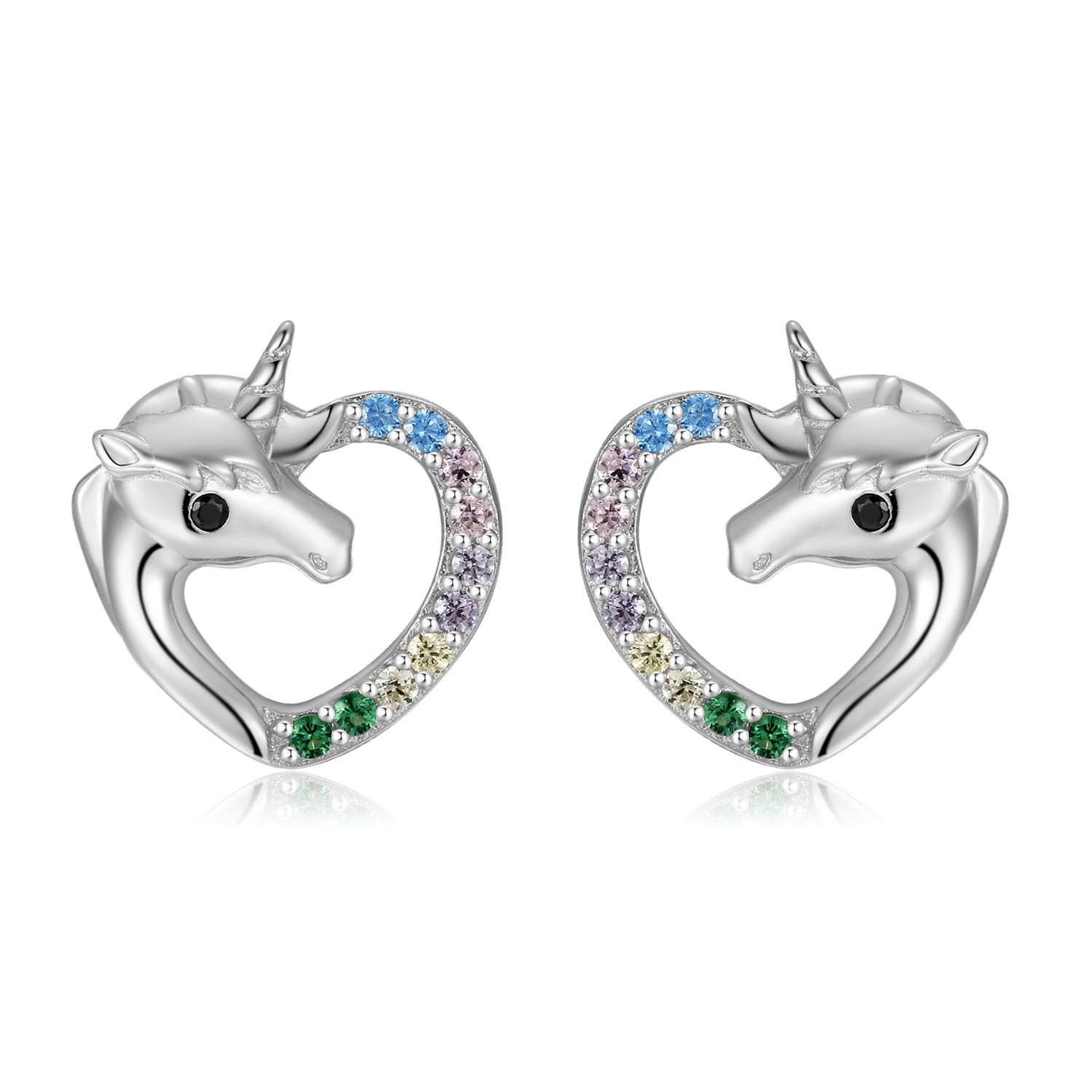 Qings Rainbow Unicorn Earrings, 925 Sterling Silver Heart Shaped Stud Earrings with Colorful Cubic Zirconias, Jewellery Gift for Women Girls Niece Birthday Christmas Thanksgiving Day Valentine's Day