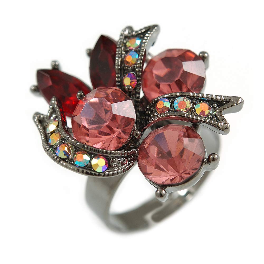 Avalaya Ruby Red/Pink/Ab Crystal Cluster Fashion Ring/Black Tone Metal/ 7/8 Size Adjustable
