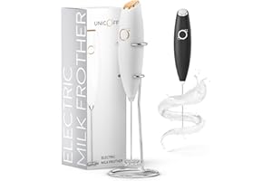 UNICOFF Milk Frother White - Coffee Frother Handheld with Electric Whisk - 19000 rpm - Book Recipes and Stainless Steel Stand Included - Hand Mixer Electric (White and Gold)