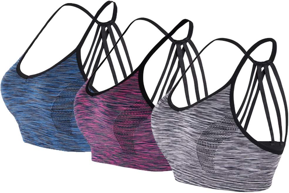 3 Pack Women's Criss  Cross  Back Removable and Wireless Pads Tank  Top  Yoga Sports Bra(3 Pack