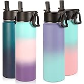 Volhoply Insulated Water Bottles with Straw Bulk 4 Pack, 22 oz Stainless Steel Sports Bottle with Lid,Metal Travel Water Cups with Wide Mouth, Reusable Cold Water Flask for Hiking(Assorted,4 Set)