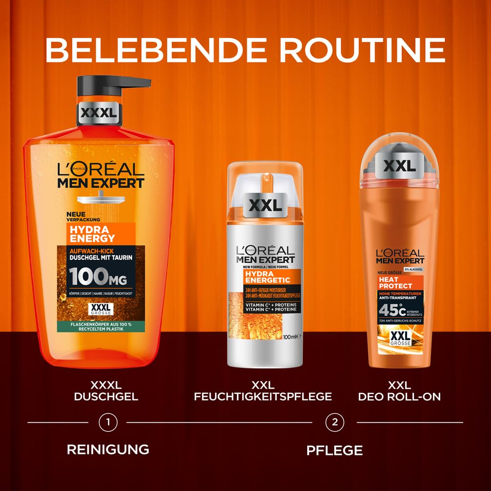 L'Oréal Men Expert XXXL Duschgel und Shampoo für Männer, Duschbad zur Reinigung von Körper, Haar und Gesicht, Herren Körperpflege für langanhaltende Frische mit Taurin, Hydra Energy, 1 x 1000 ml 6
