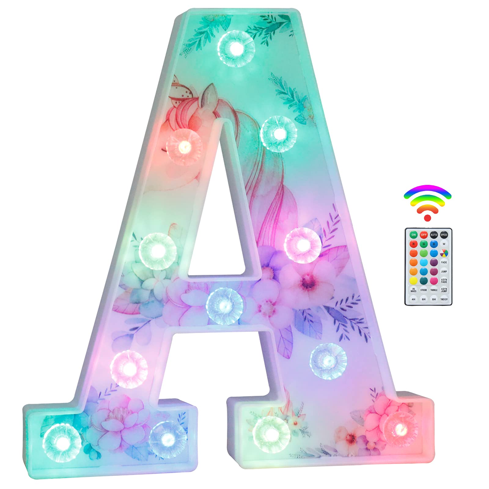 Unicorn LED Light Up Letters, 18 Color Changing Diamond Alphabet Sign Unicorn Gifts for Girls Women Party Birthday Decorations Remote Night Light Christmas Valentine Wall Table Decor - A