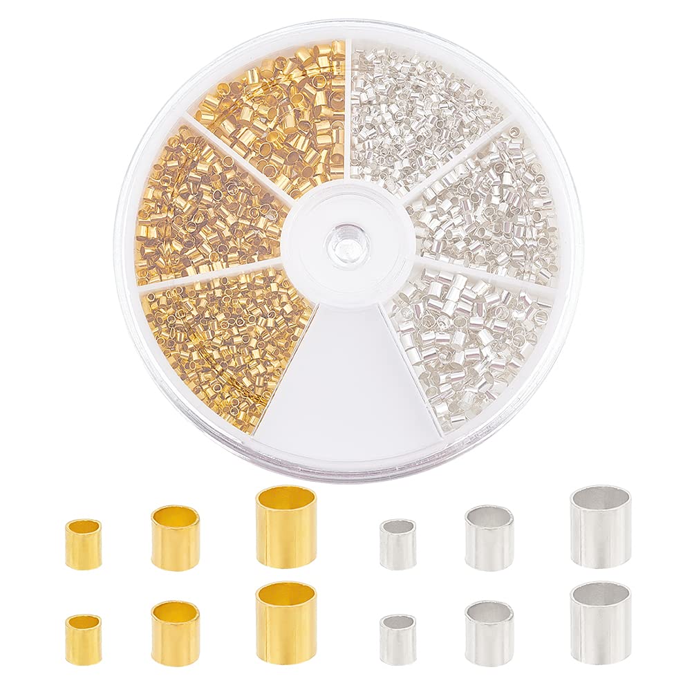 PandaHall Elite 1 Small Box Brass Tube Crimp Beads Spacer Beads for Jewellery Making, 3 Different Size