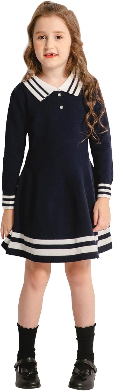 SMILING PINKER Girls Uniform Dresses Long Sleeve School Polo Striped Knit Sweater Dress: Clothing