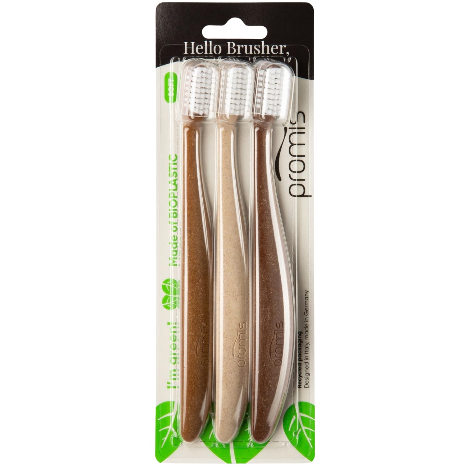promis brush sustainable toothbrush made from renewable raw materials | bioplastic | soft 6750 bristles | recycled packaging | made in Germany | Italian design | ergonomic handle (triopack, wood love)