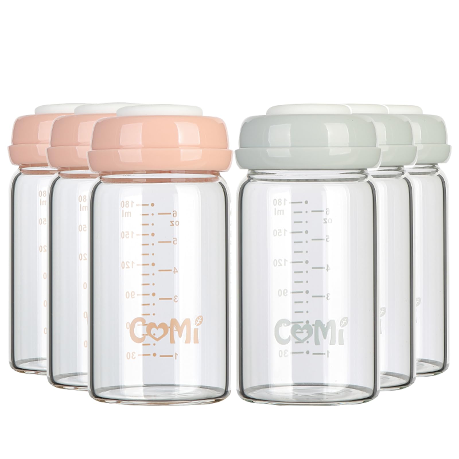 Photo 1 of COMI Wide Neck Glass Breastmilk Collection n Storage Bottle, 4 Packs, 6oz with Screw Ring Sealing Disk; Re-markable Sealing Disc. BPA Free, Fits Breast Pumps & Nipples (3 Gray Lids + 3 Pink Lids)