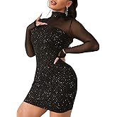 Joyfunear Women's Sexy Glitter Sparkly Mesh Long Sleeve Mock Neck Bodycon Party Club Outfit Cocktail Mini Dress