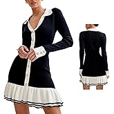 Sheface Women's Long Sleeve Ruffle Hem Knit Sweater Dress Collared Back Tie Knot Cut Out Mini Bodycon Dress