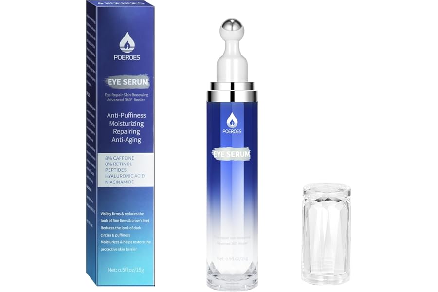 Eye Serum with 8% Caffeine 8% Retinol Hyaluronic Acid Niacinamide peptides for Puffy Bags Fine Lines Dark Circles Wrinkles, Under Eye Cream with 360° Roller Massage Ball, 0.5 fl. oz
