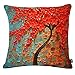 JINBEILE Oil Painting 18x18 Inch Cotton Linen Throw Pillow Cover Decorative Cushion Case Home Pillowcase with 3D Red Flower and Tree